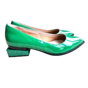Unique Lingxiaune green patent pumps mid heel slip on shoes black soles US 10